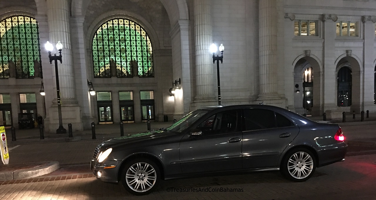 E350 parked at night and photographed in front of Union Station in Washington DC.